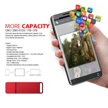 Lenovo 2TB USB Flash Drive USB3.1 128GB 512GB Pen Drive USB Stick 256GB High-Speed Flash Drive Pen Drive For Phone Computer PS5 - Imagen 3