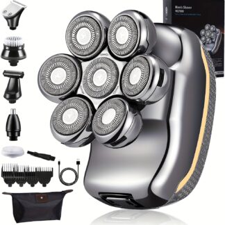Men's Electric Head Shaver Razor, Men's Shaver - Rechargeable Cordless Hair Shaving Razors For Bald Men, 6 In 1 Wet Dry Beard Trimmer Body Hair Cutting Clipper Grooming Kit, 7 Rotary Heads, Holiday Gift Father's Day Gift