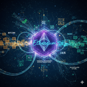 Representación visual de Ethereum como una blockchain programable y su evolución tecnológica.