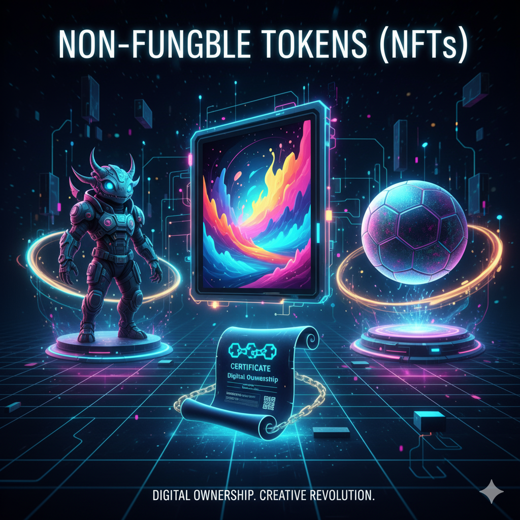 Ilustración de NFTs, mostrando una colección diversa de arte digital, coleccionables y otros activos únicos tokenizados en la blockchain.