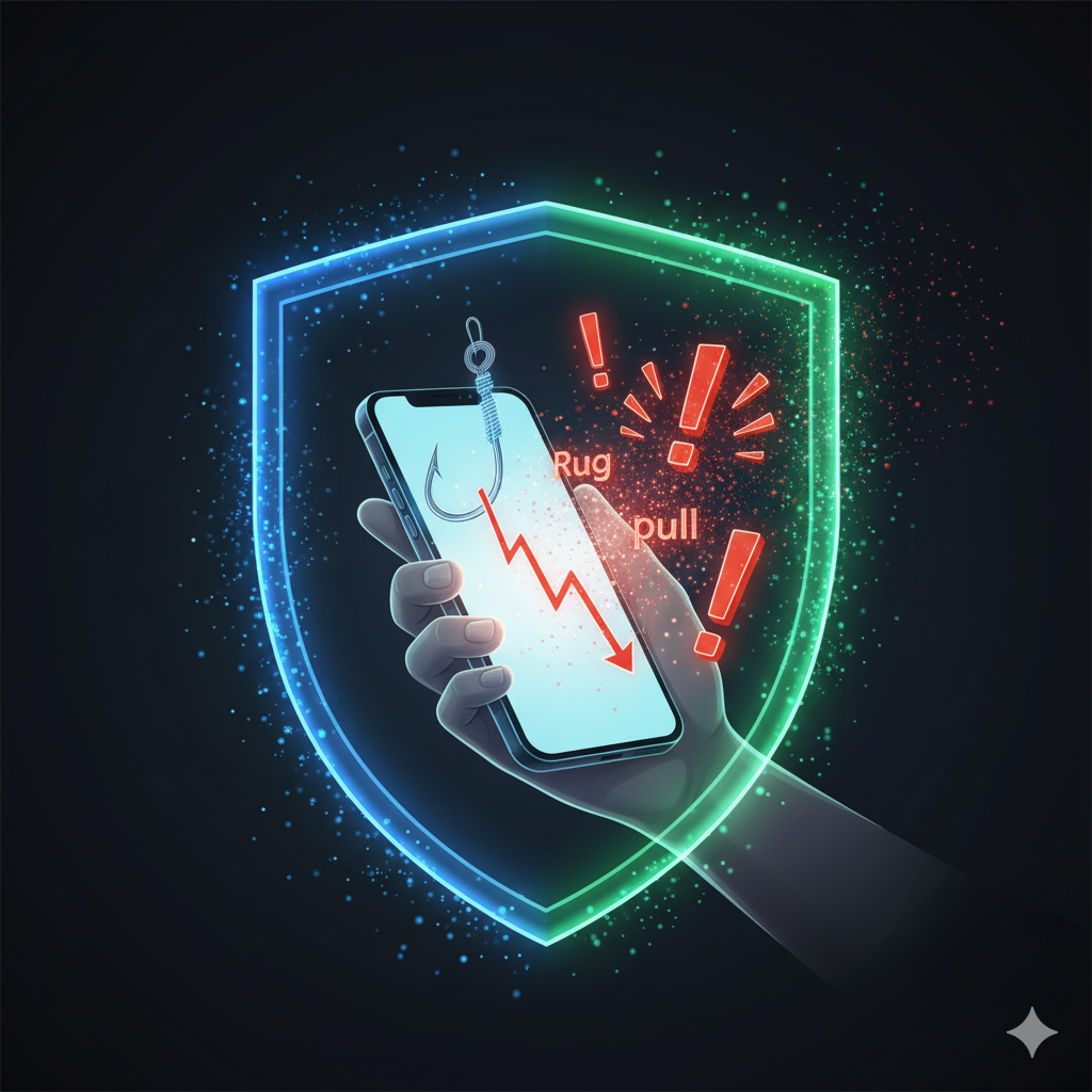 Ilustración sobre cómo evitar estafas con criptomonedas, donde un escudo de conocimiento protege a un inversor de amenazas digitales como el phishing y los fraudes.