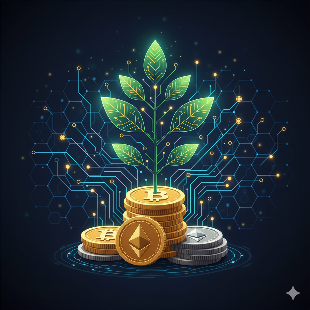 Ilustración conceptual de staking de criptomonedas, mostrando el crecimiento de activos digitales y la generación de ingresos pasivos a través de la red Proof of Stake.