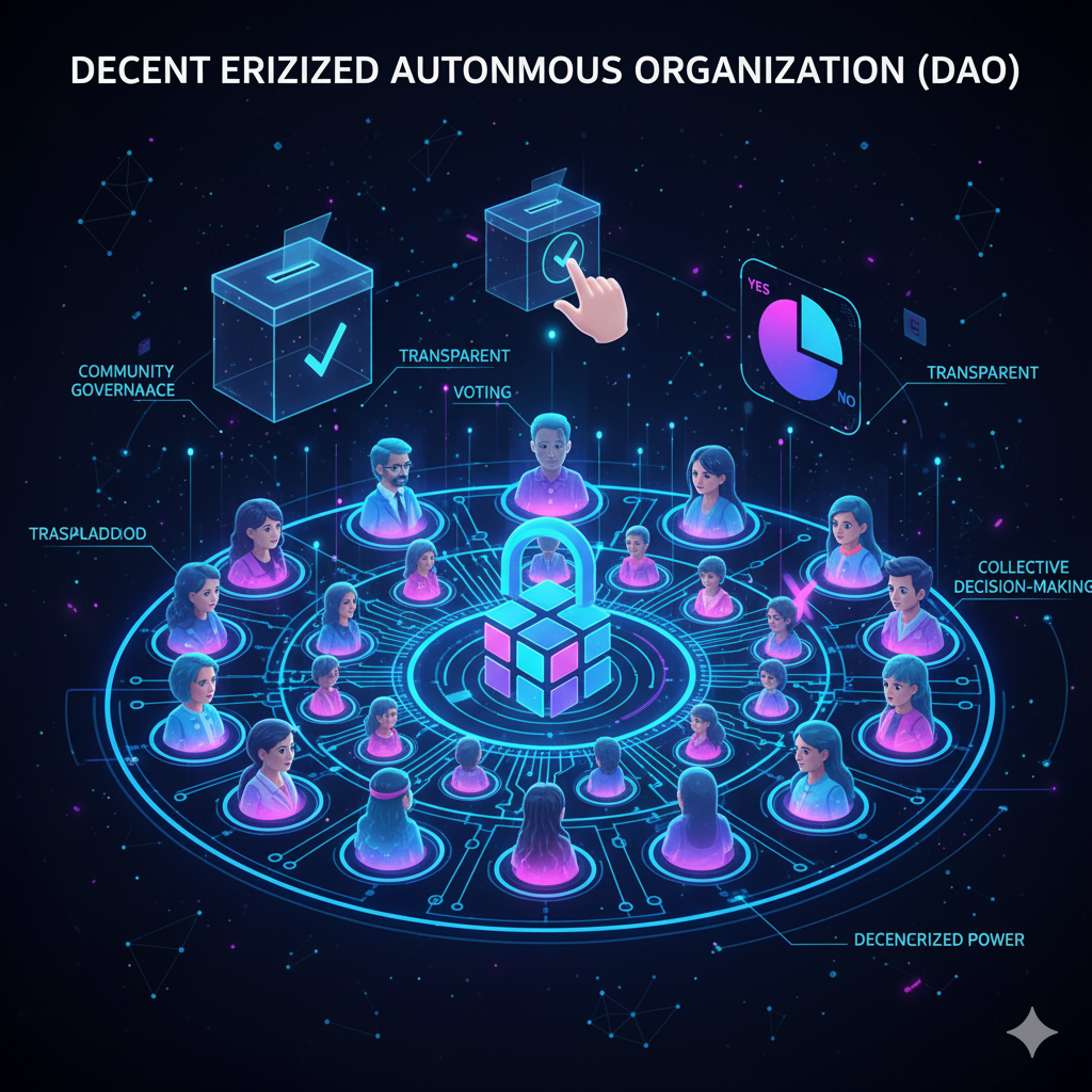 Ilustración de una DAO (Organización Autónoma Descentralizada), mostrando una red de individuos colaborando en la toma de decisiones descentralizada.
