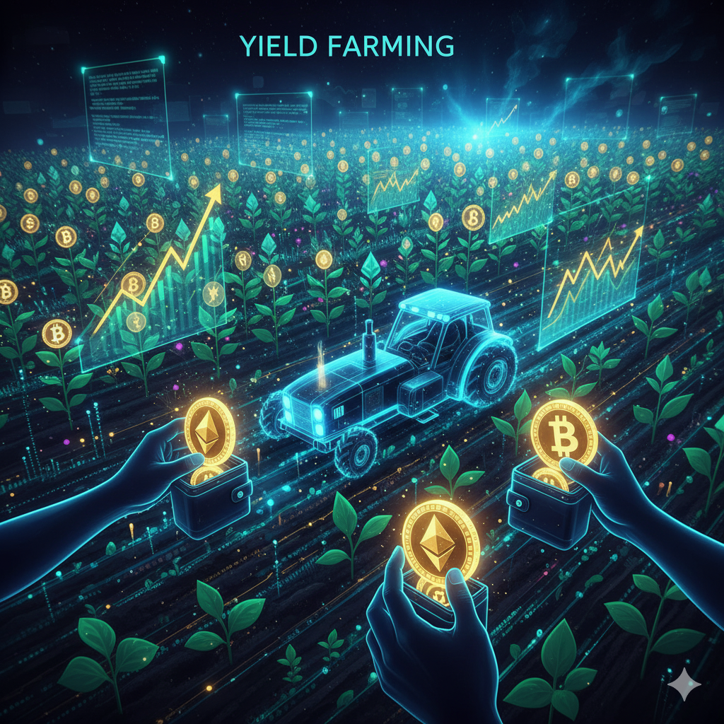 Ilustración de Yield Farming, mostrando símbolos de criptomonedas creciendo en un campo digital, representando ganancias financieras.