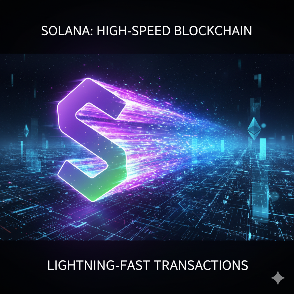 Representación visual de Solana (SOL) como una blockchain de alta velocidad, con efectos de movimiento y tecnología.