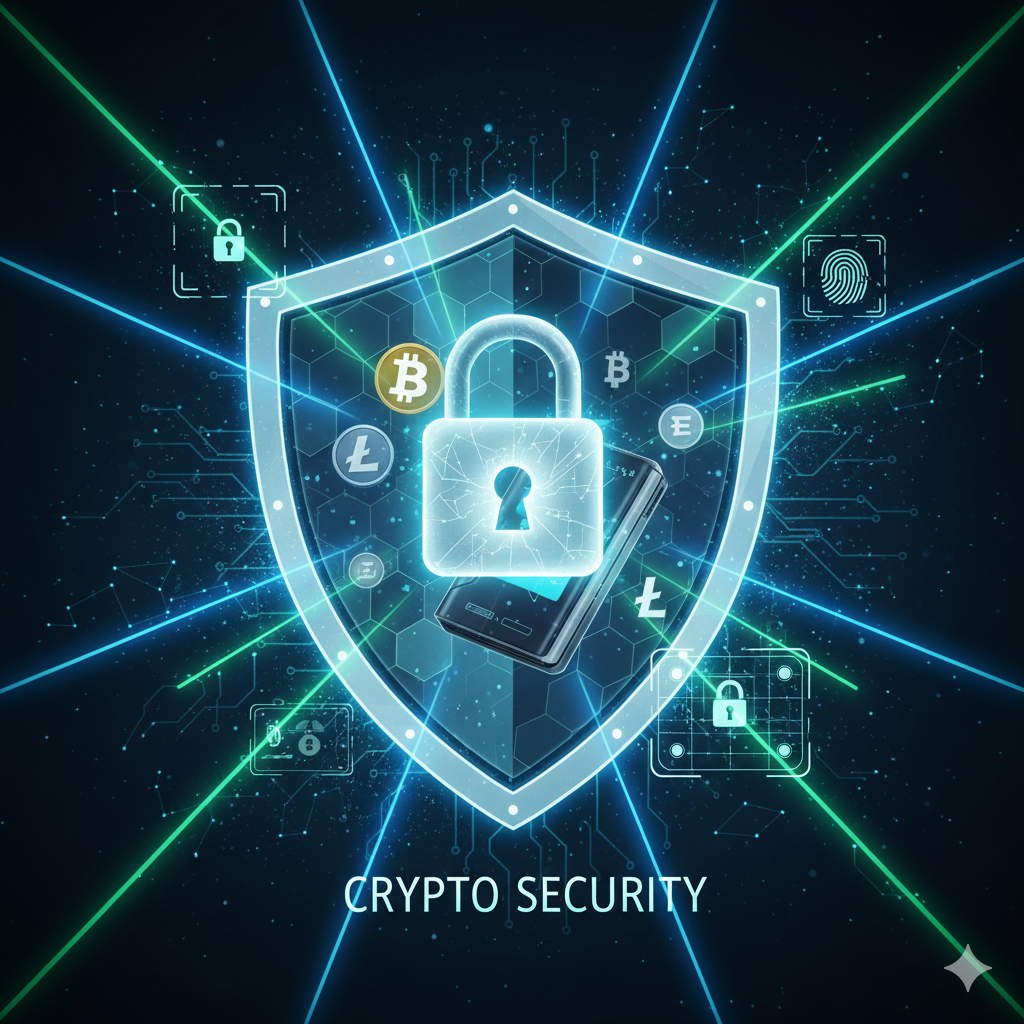 Ilustración de seguridad de criptomonedas, con un escudo digital protegiendo activos y wallets.