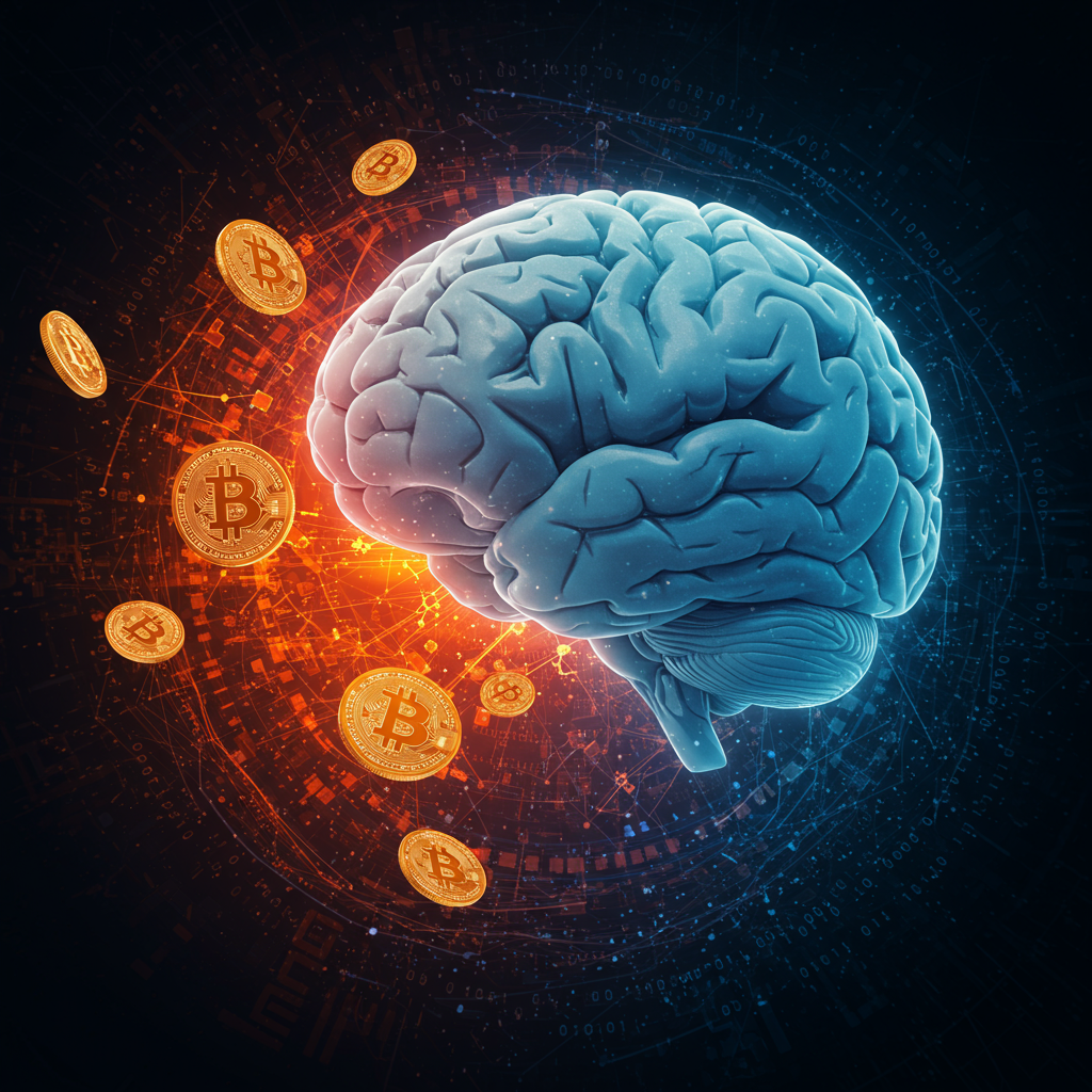 Ilustración de un futuro digital con Bitcoin o un cerebro aprendiendo