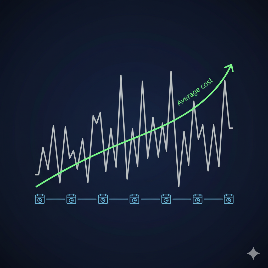 Ilustración de la estrategia de inversión DCA (Dollar-Cost Averaging), mostrando cómo las compras regulares a lo largo del tiempo suavizan la volatilidad del mercado de criptomonedas para un crecimiento constante.