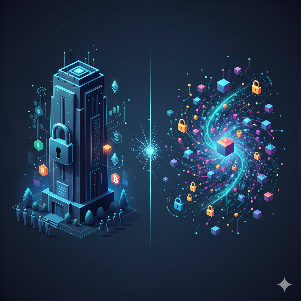 Comparación visual entre un exchange centralizado (CEX) y un exchange descentralizado (DEX), destacando la seguridad y autonomía de las finanzas descentralizadas.