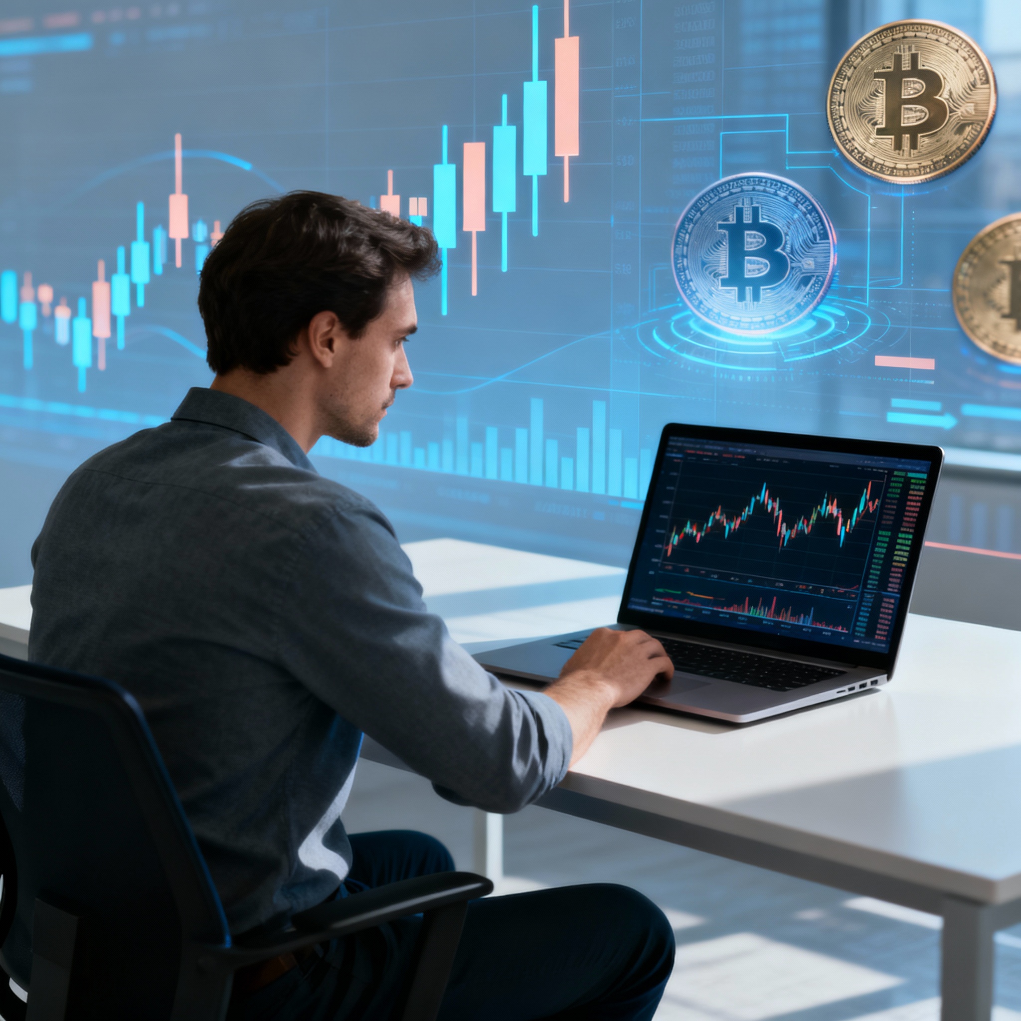 Trader calmado operando en criptomonedas, con gráficos financieros de fondo, transmitiendo seguridad y control emocional.